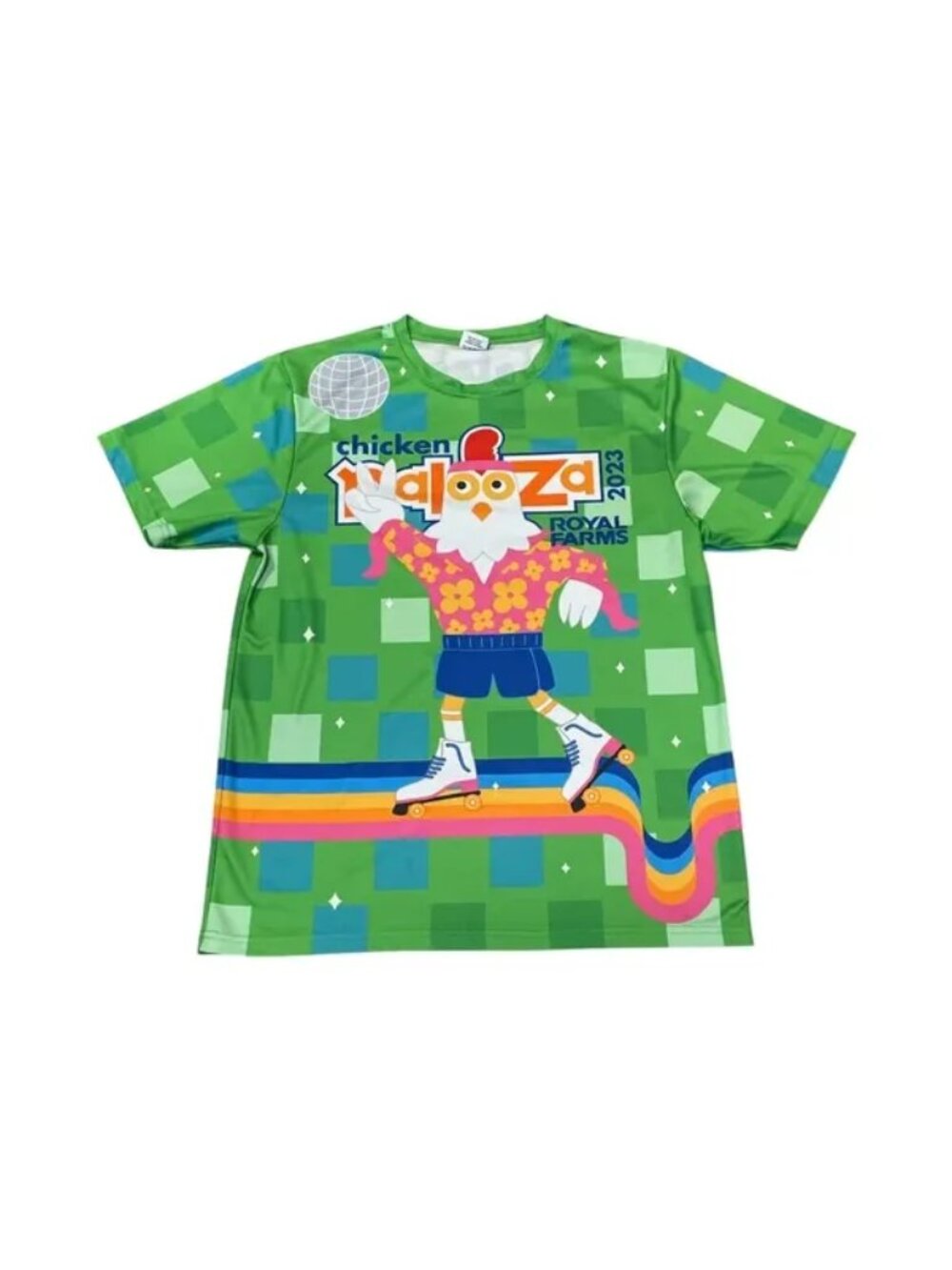 Royal Farm Chicken Palooza 2023 Peace Love Shirt M Green Disco Roller Skates
